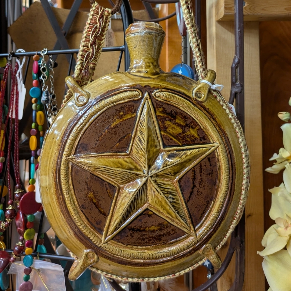 Vintage Star-Embellished Brown and Golden Decorative Ceramic Canteen - signed